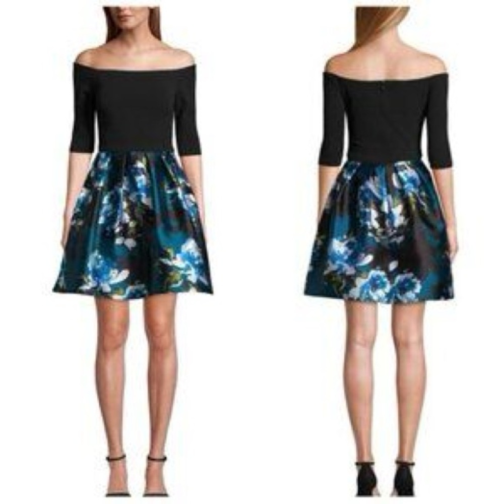 Betsy & Adam Black and Blue Off-Shoulder Fit and Flare Dress